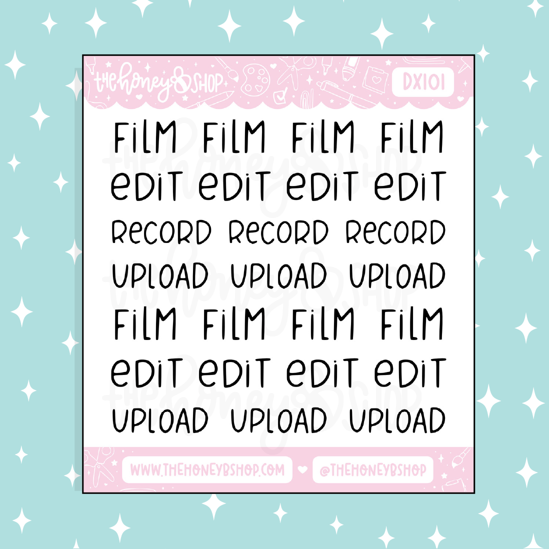Film, Edit, Record, + Upload Lettering Doodle Sticker