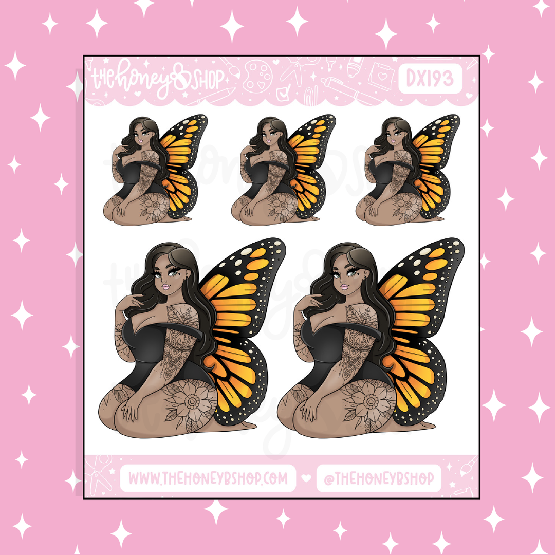 Orange Butterfly Babe Doodle Sticker | Choose your Skin Tone!