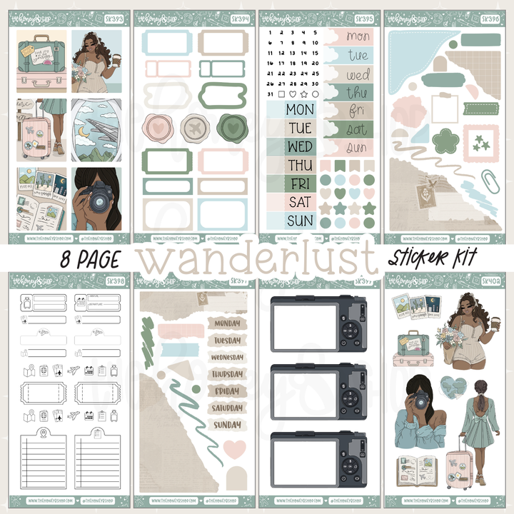 Wanderlust sticker kit with various designs on a white background