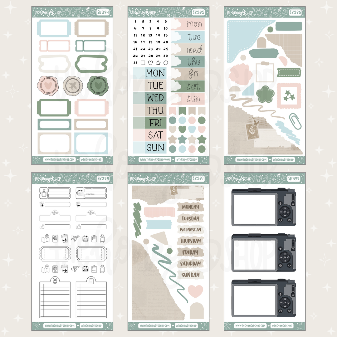 Collection of planner stickers with various designs on a light gray background