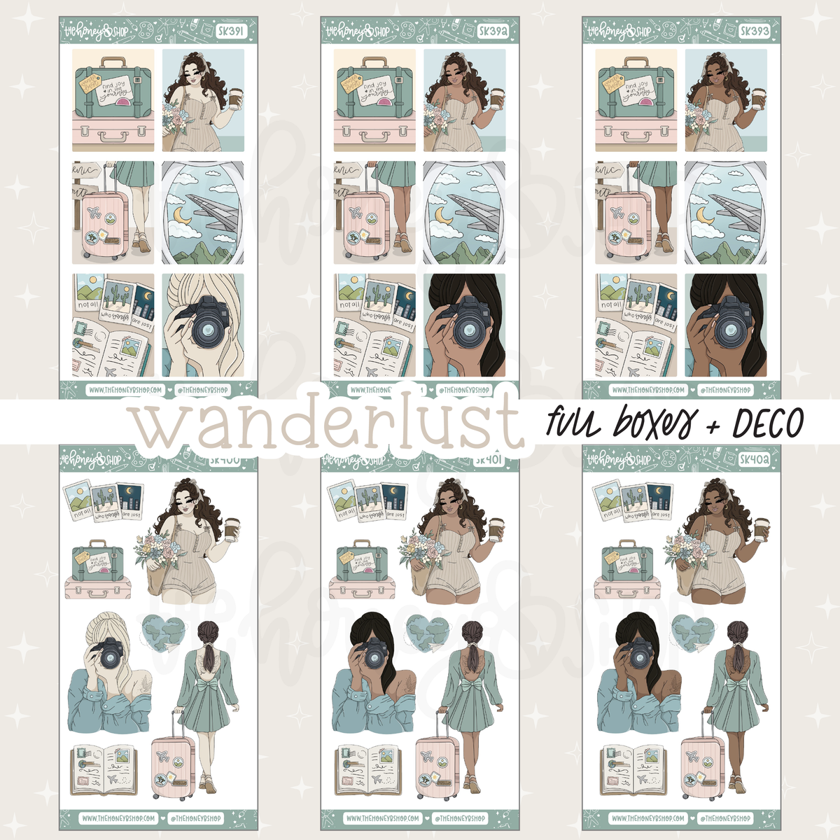 Collage of 'wanderlust' themed sticker sheets with illustrations of a woman holding a camera and suitcase.