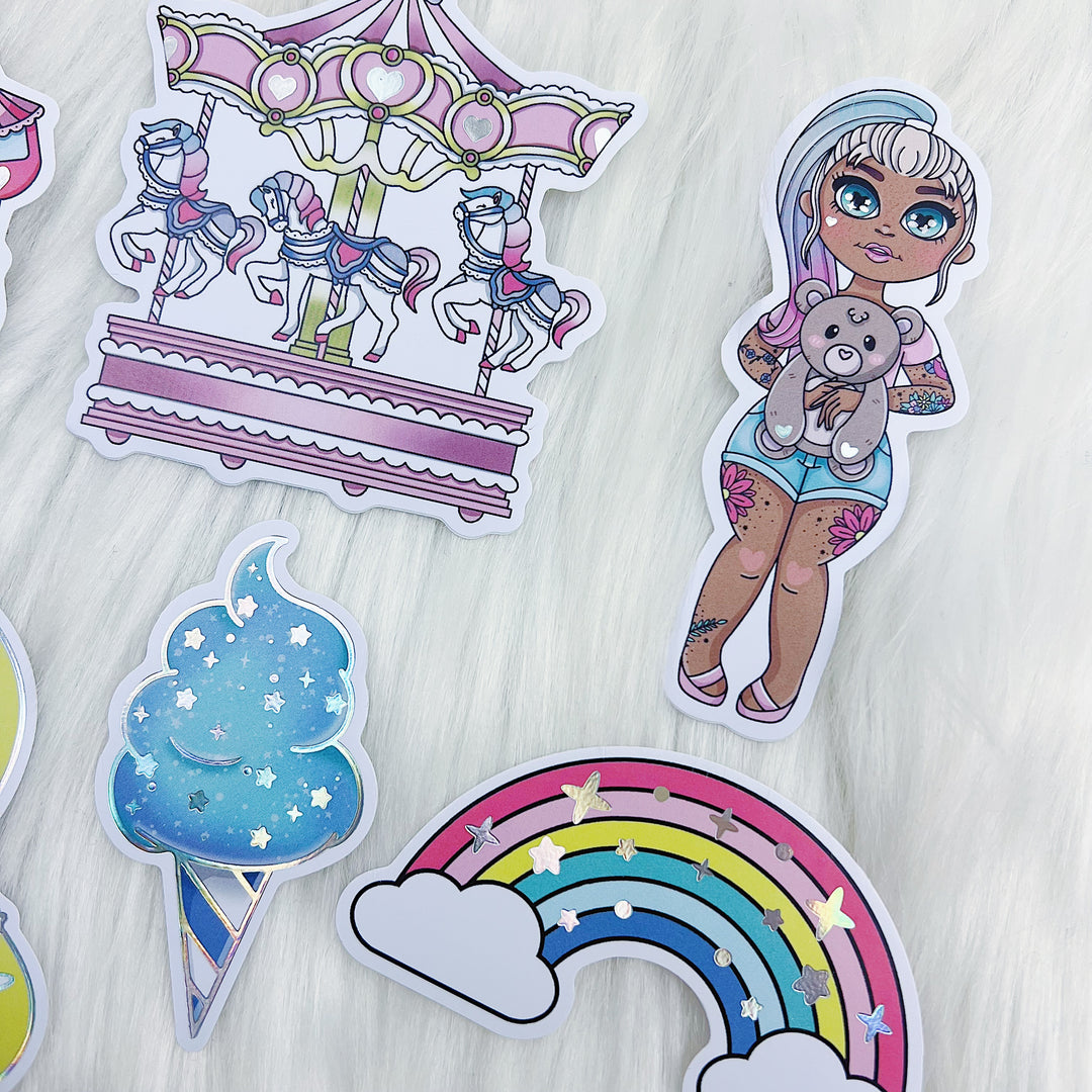 Carnival Cutie Sticker Vinyl Die Cut Pack | ALL Skin Tones Included! | Holographic Foil