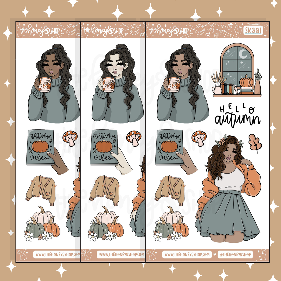 Autumn Vibes Large Babe Deco Doodle Sticker | A La Carte | Choose your Skin Tone!