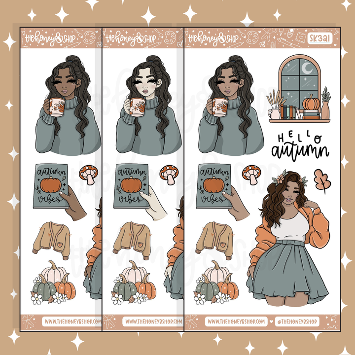 Autumn Vibes Large Babe Deco Doodle Sticker | A La Carte | Choose your Skin Tone!