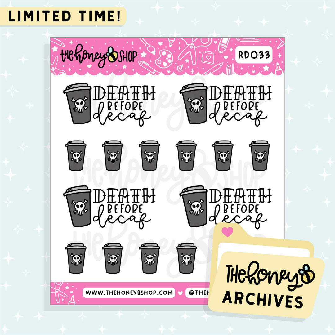 Death Before Decaf Doodle Sticker Sheet | TheHoneyB Archive