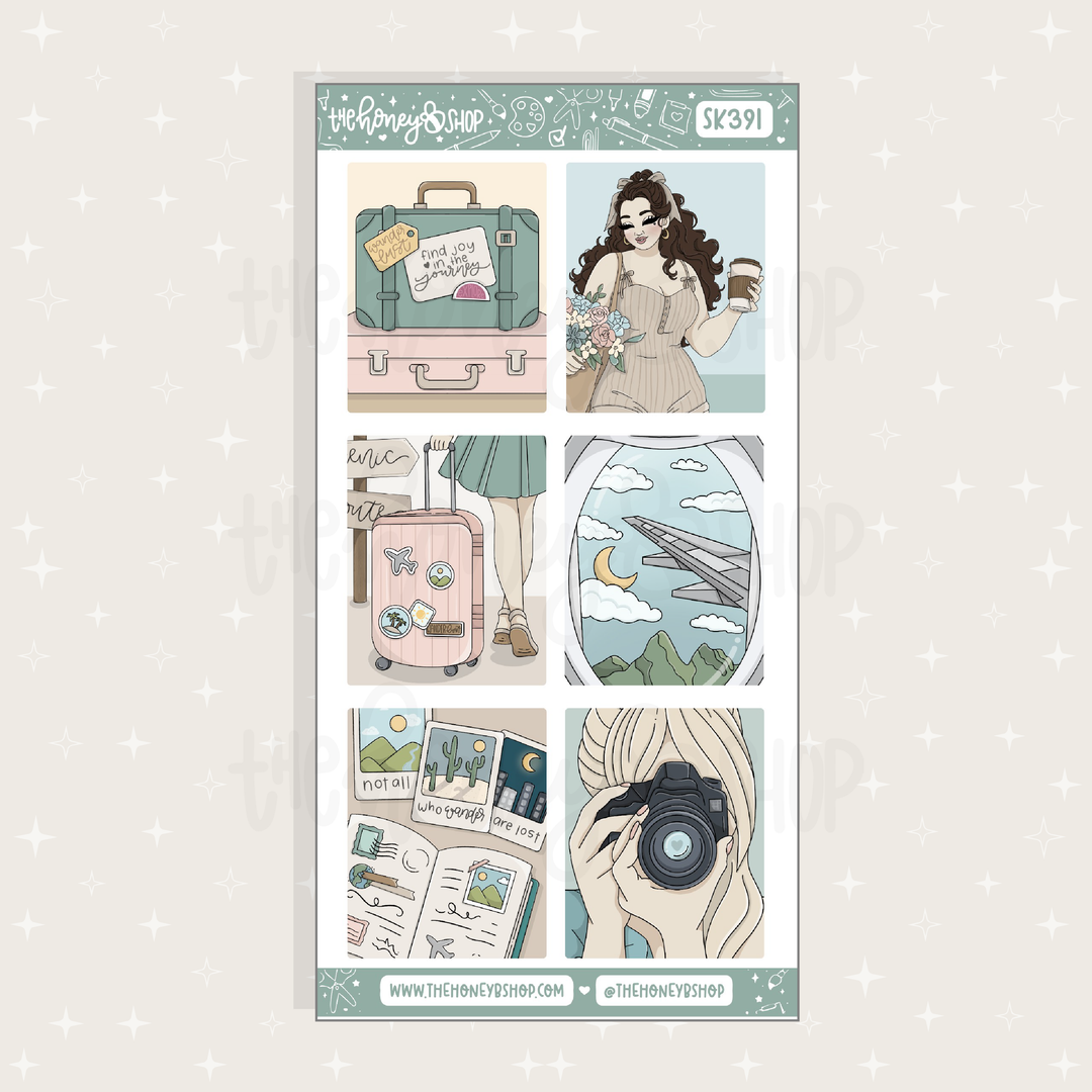 Sheet of travel-themed stickers with illustrations of a suitcase, camera, and scenic views on a light gray background.