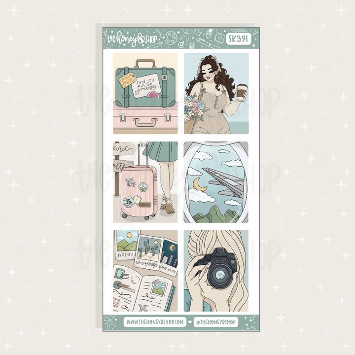 Sheet of travel-themed stickers with illustrations of a suitcase, camera, and scenic views on a light gray background.