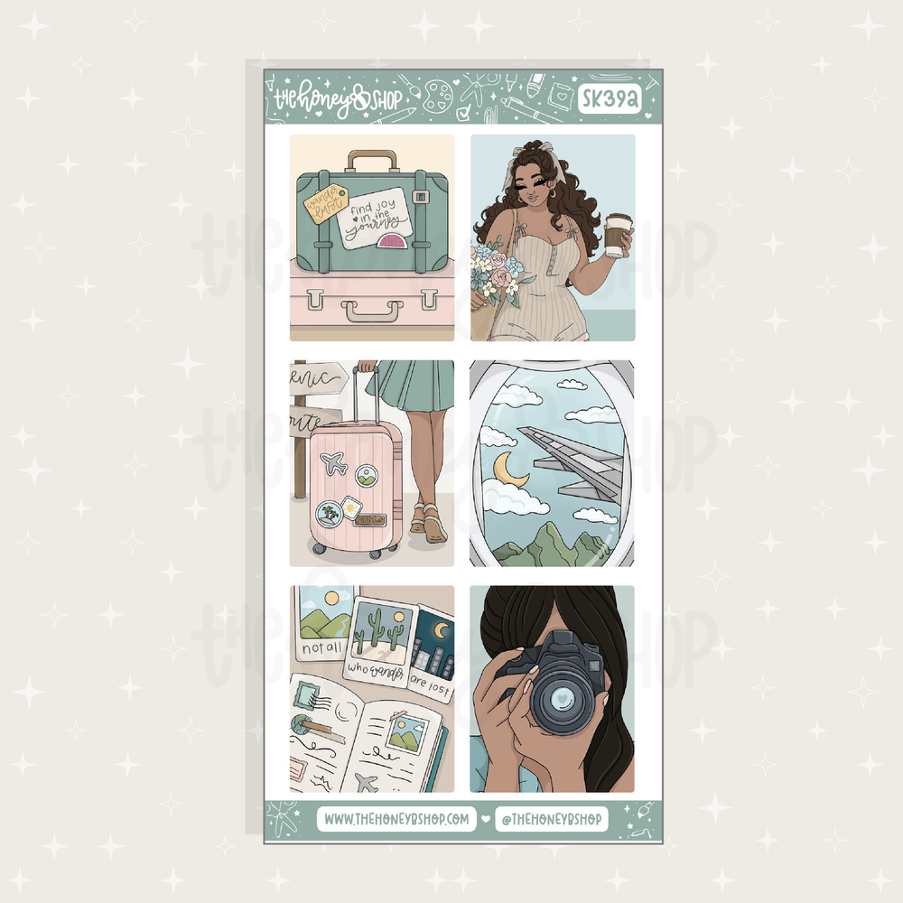 Sheet of travel-themed stickers with illustrations on a light gray background