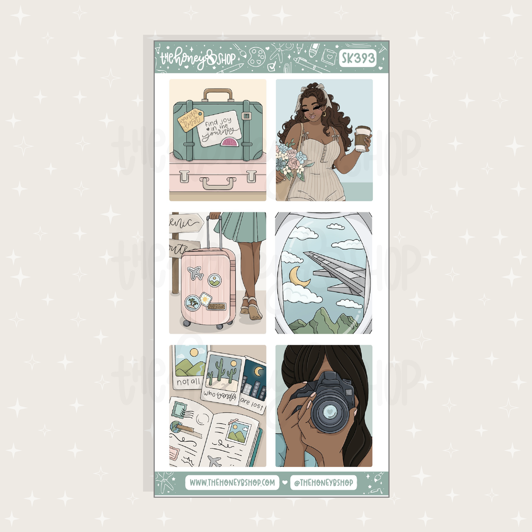 Sheet of travel-themed stickers with illustrations of a suitcase, airplane, and camera on a light gray background.
