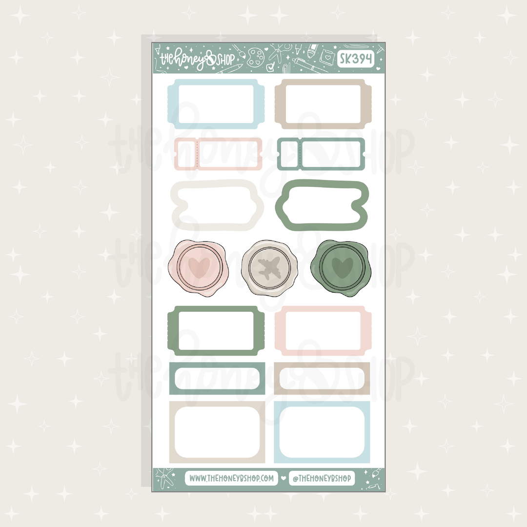Sheet of decorative planner stickers with various shapes and colors on a light gray background.