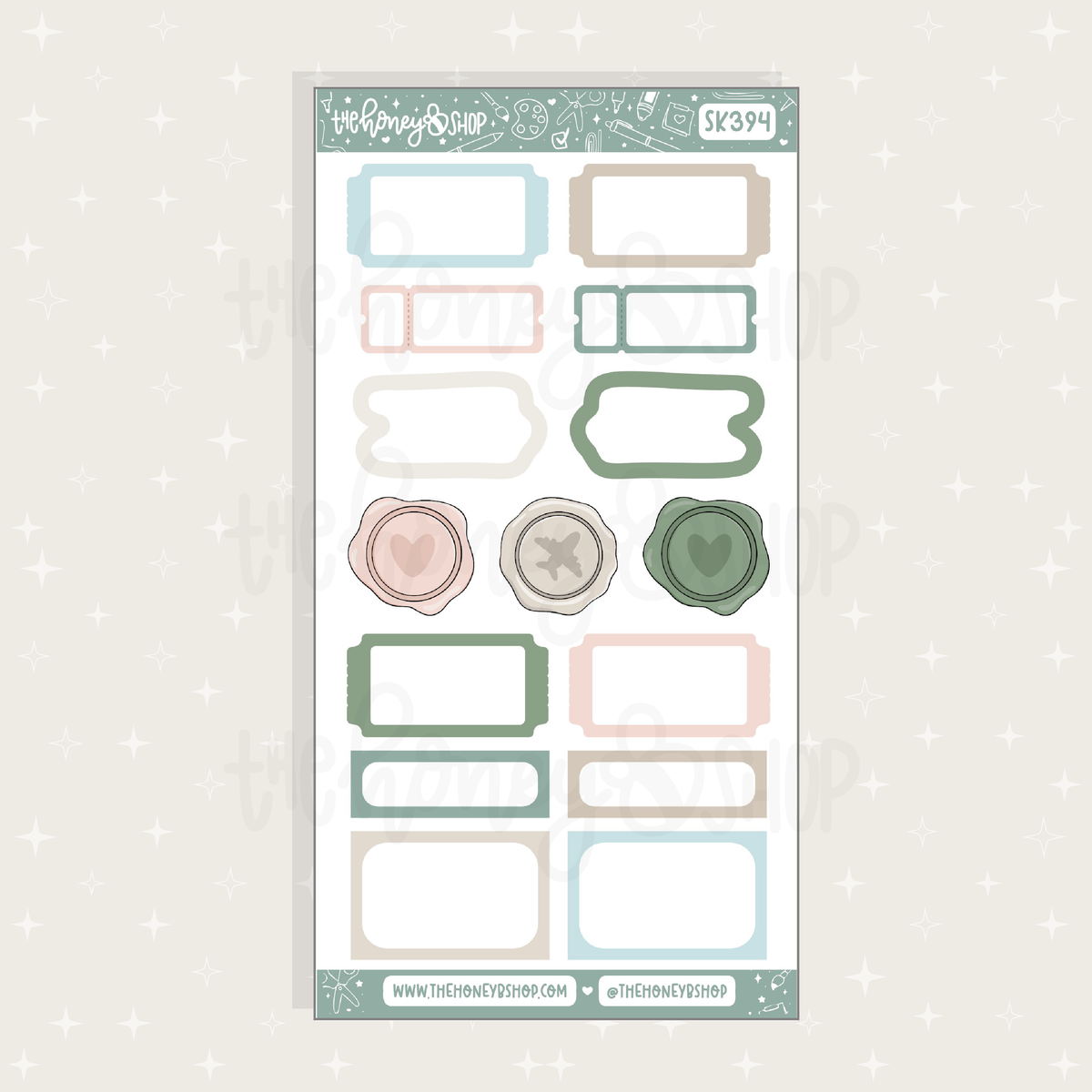 Sheet of decorative planner stickers with various shapes and colors on a light gray background.