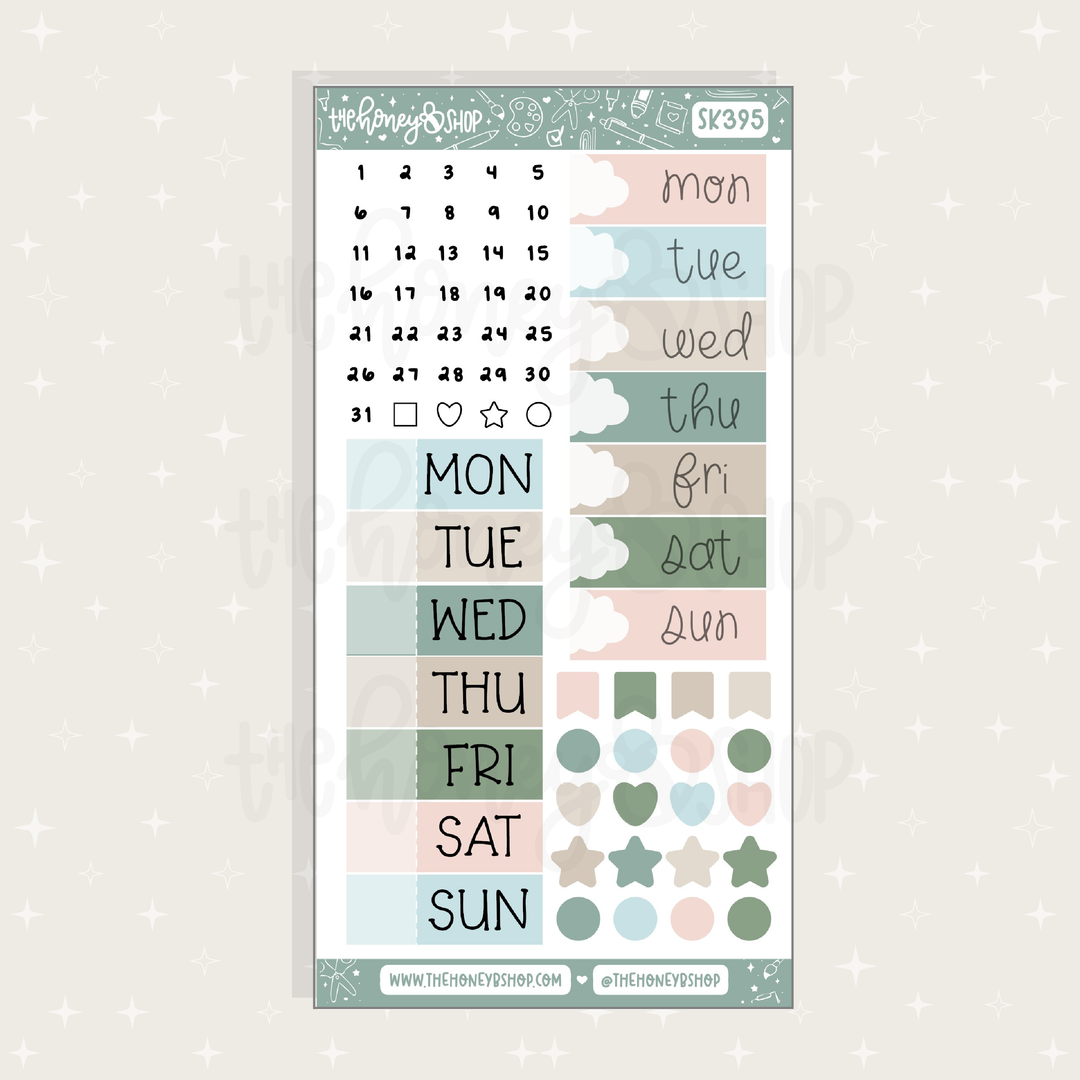 Set of planner stickers with days of the week and decorative elements on a light background