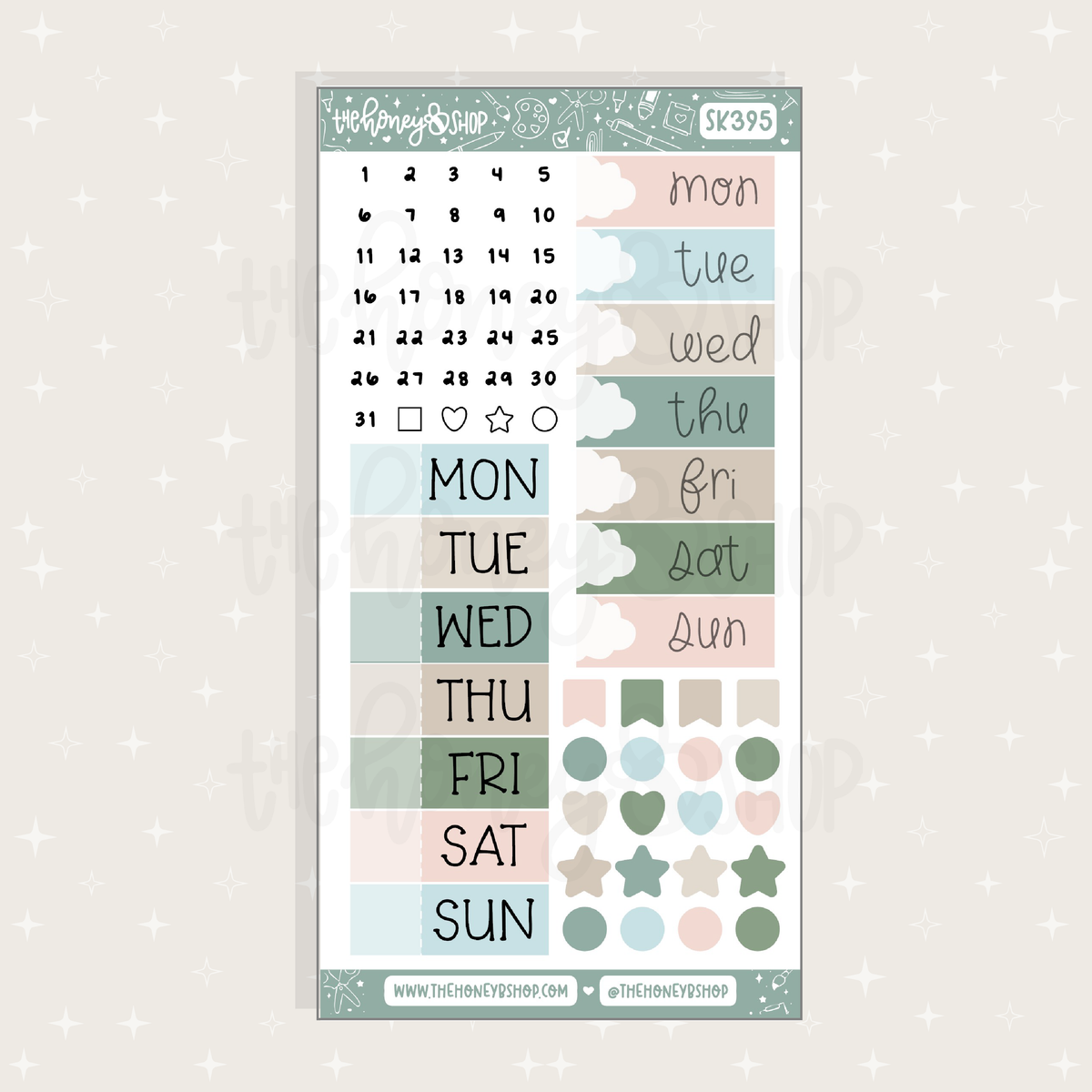 Set of planner stickers with days of the week and decorative elements on a light background