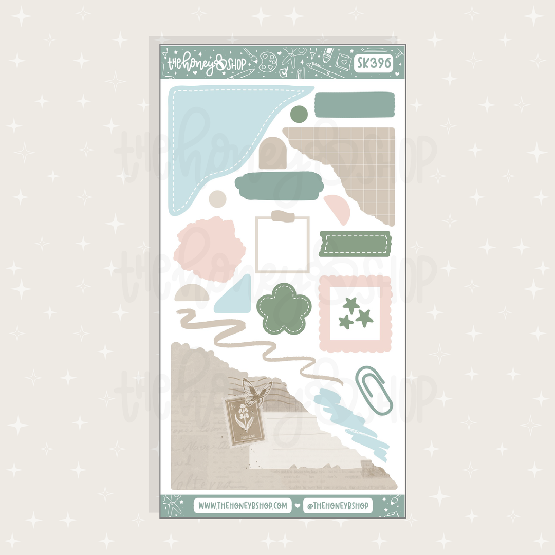 Sheet of decorative stickers with various shapes and patterns on a light background