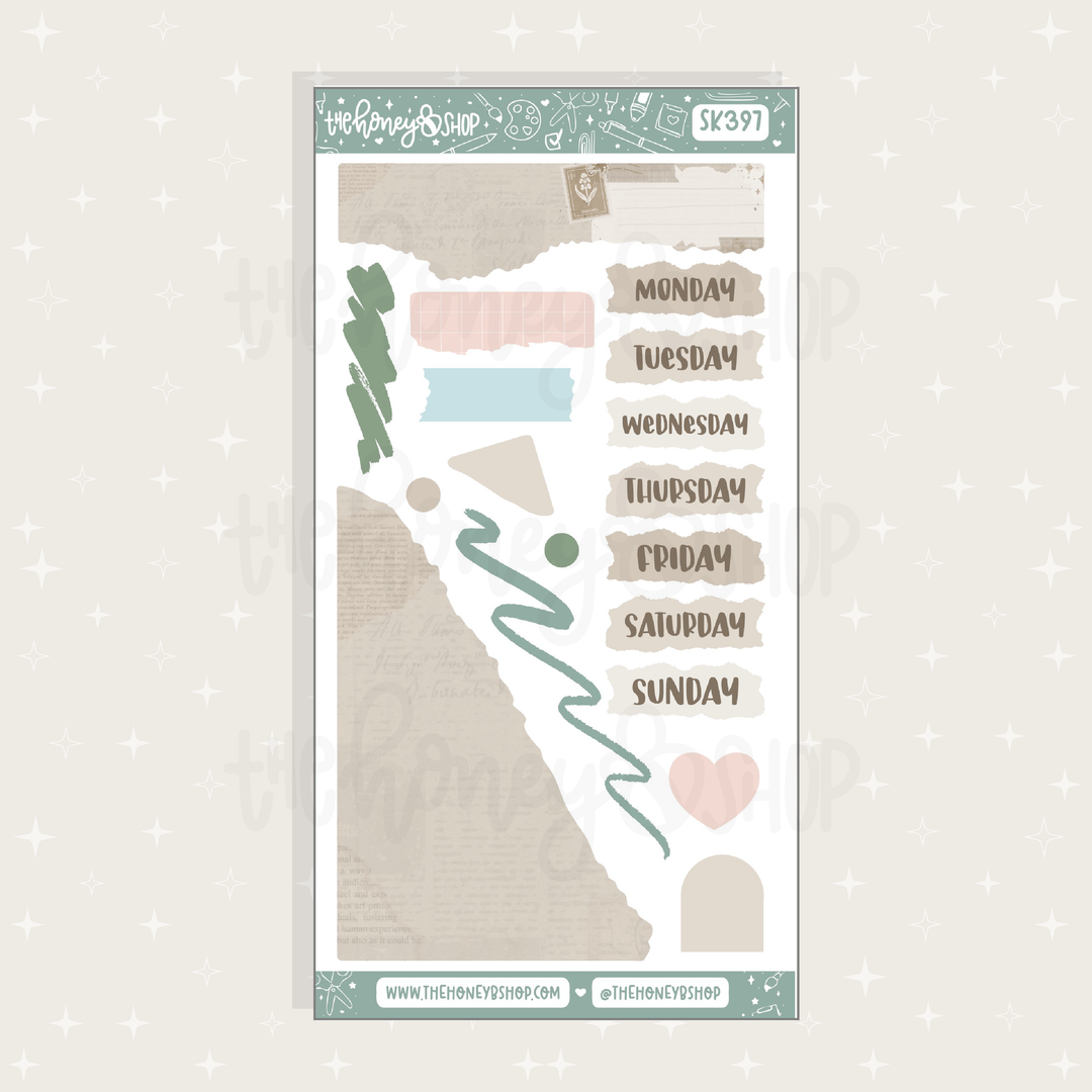 Set of planner stickers with days of the week on a light background