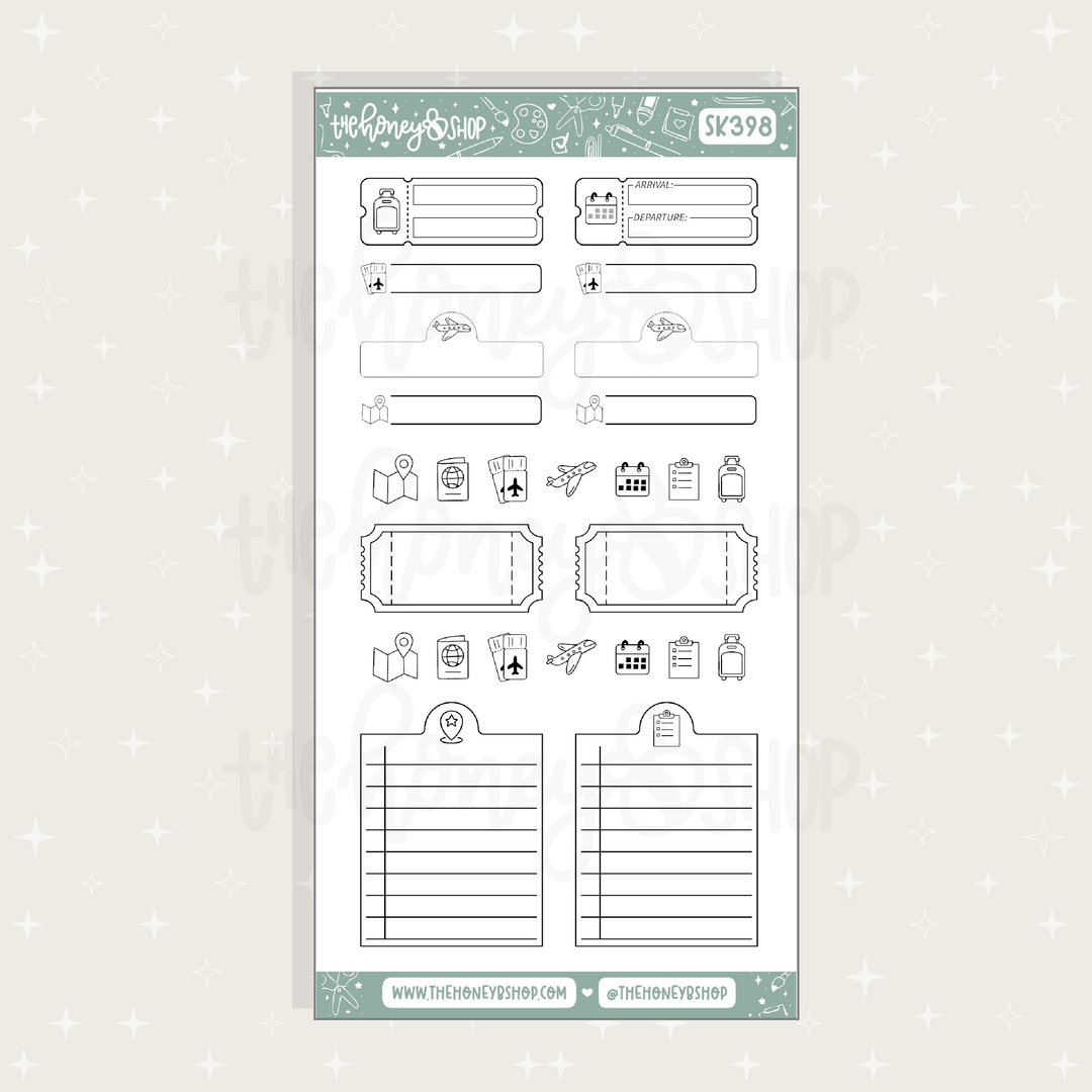 Sheet of planner stickers with various design elements on a light gray background