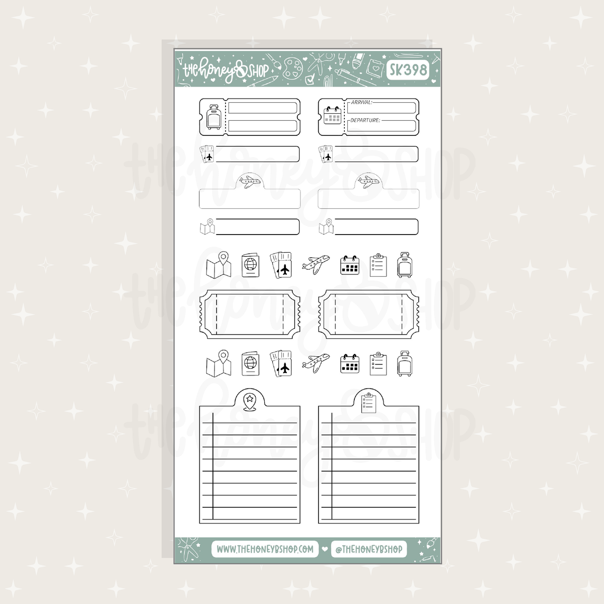 Sheet of planner stickers with various design elements on a light gray background