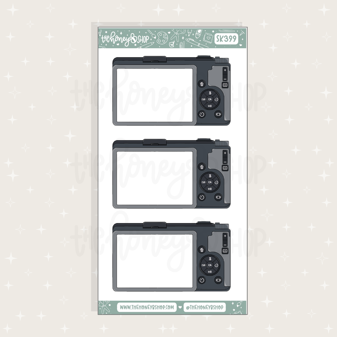 Set of three camera-shaped clear stamps on a light gray background with 'The Honeycomb' branding.