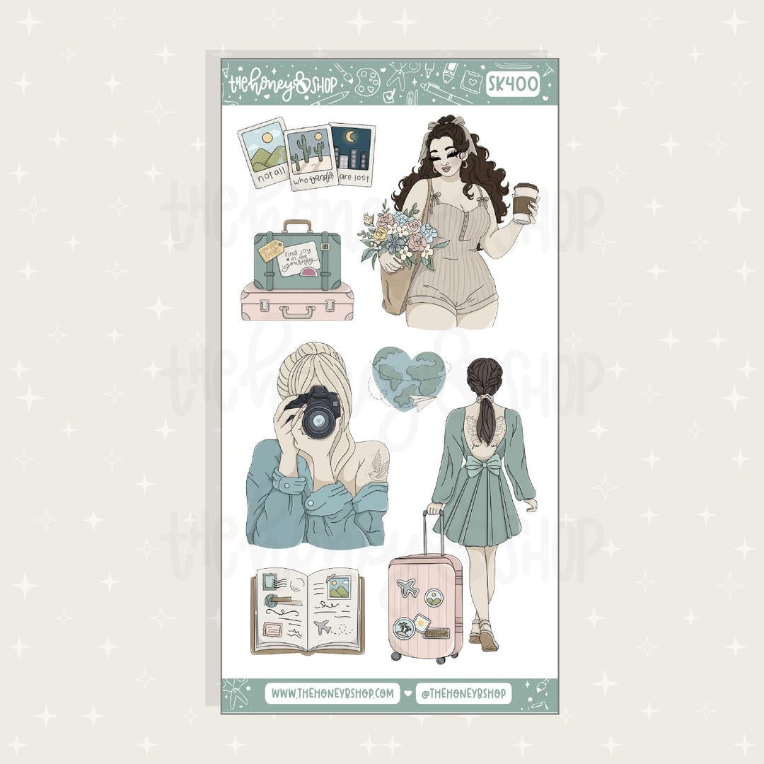 Sticker sheet with illustrations of a woman, camera, suitcase, and other travel-themed items on a light gray background.