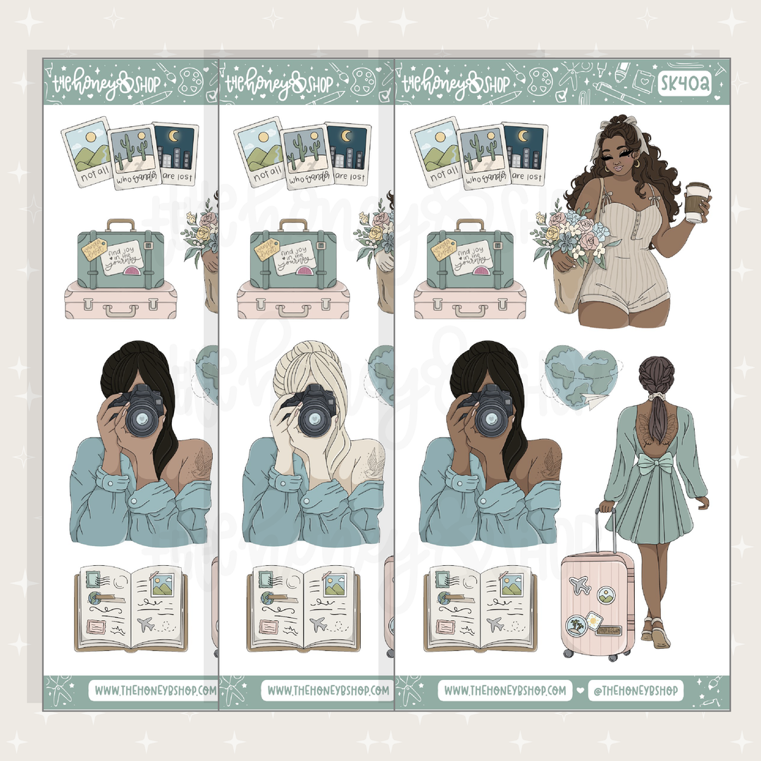 Sticker sheet with travel-themed designs including a woman, camera, suitcase, and flowers.