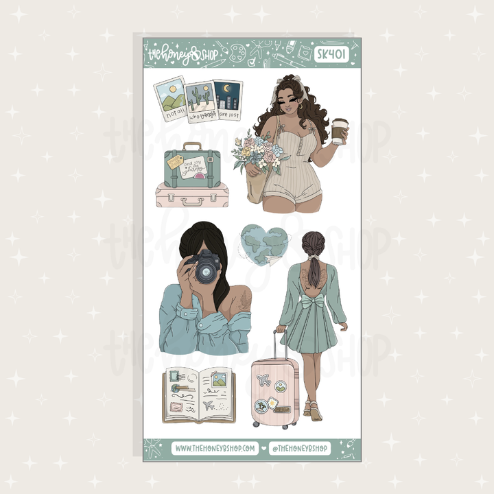 Sticker sheet with illustrations of a woman, suitcase, and travel-themed elements on a light gray background.