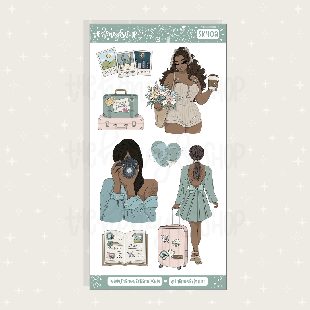 Sticker sheet with illustrations of a woman holding a coffee cup, a suitcase, and a camera, with &