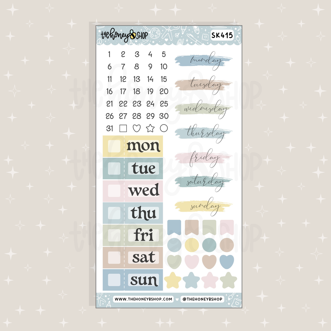HoneyB Hollow Days of the Week &amp; Numbers Doodle Sticker Sheet | Planner &amp; Journaling Stickers