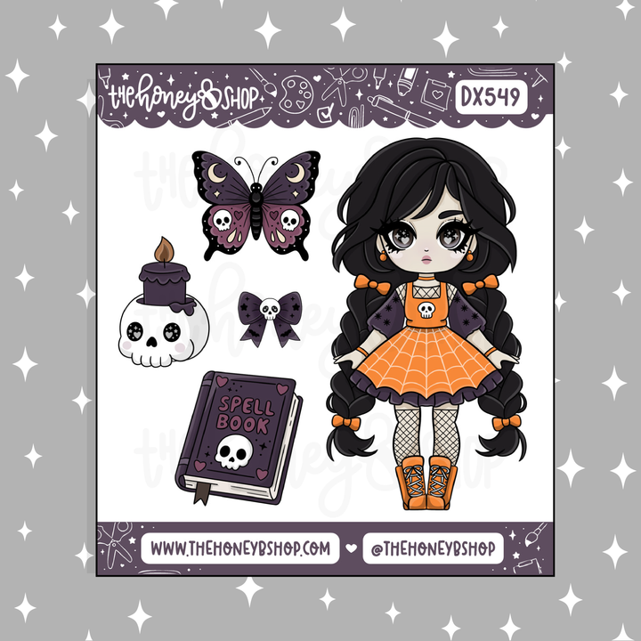 Halloween Chibi Babe with Deco Doodle Sticker | October Patreon | Choose your Skin Tone!