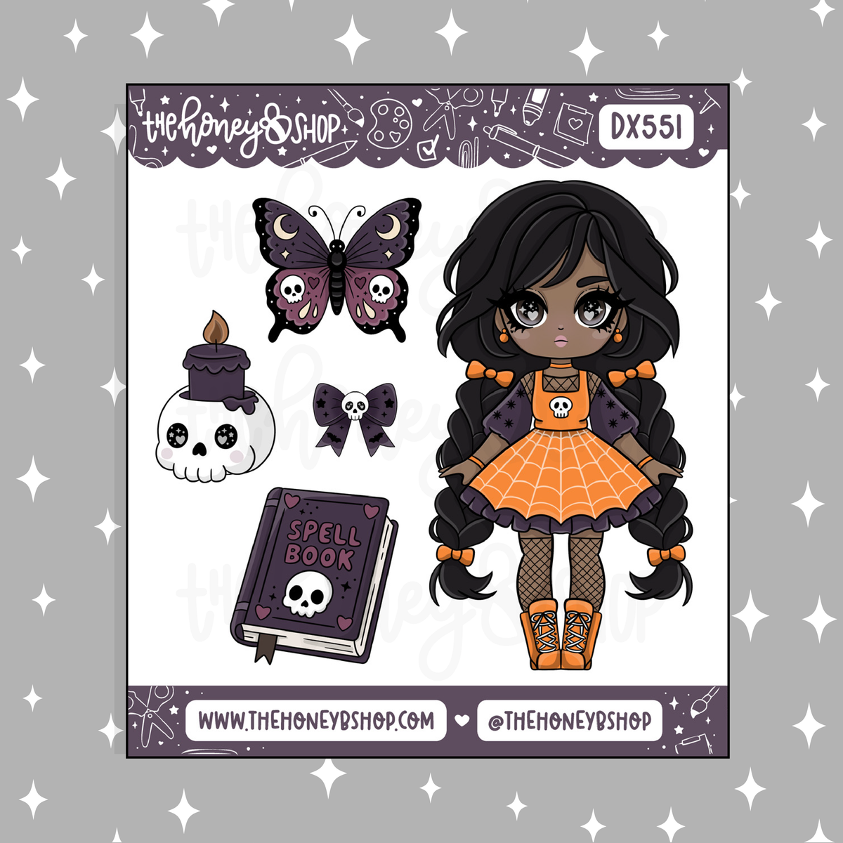 Halloween Chibi Babe with Deco Doodle Sticker | October Patreon | Choose your Skin Tone!