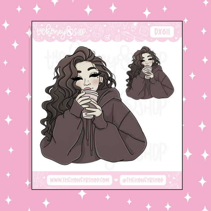 Comfy + Cozy Coffee Babe Doodle Sticker | Choose your Skin Tone!