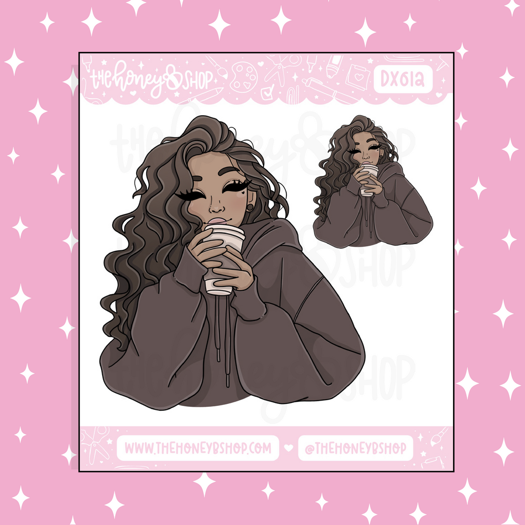 Comfy + Cozy Coffee Babe Doodle Sticker | Choose your Skin Tone!