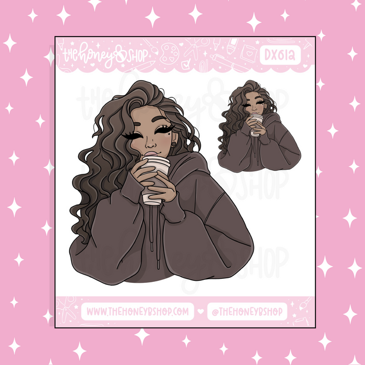 Comfy + Cozy Coffee Babe Doodle Sticker | Choose your Skin Tone!