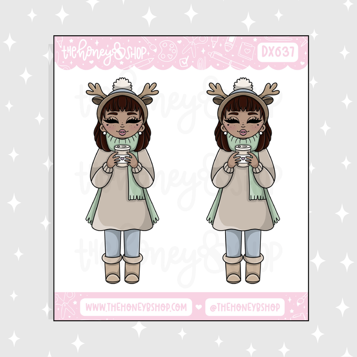 Cozy Reindeer Babe Deco Doodle Sticker | Choose your Skin Tone!
