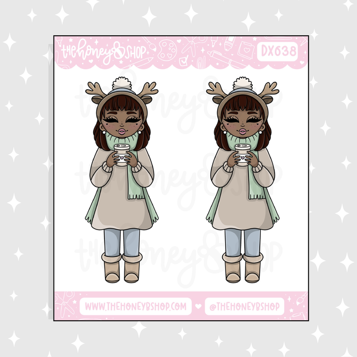 Cozy Reindeer Babe Deco Doodle Sticker | Choose your Skin Tone!