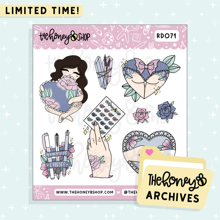 Cutie Tattoo Babe Deco Doodle Sticker Sheet | TheHoneyB Archive | Choose your Skin Tone!