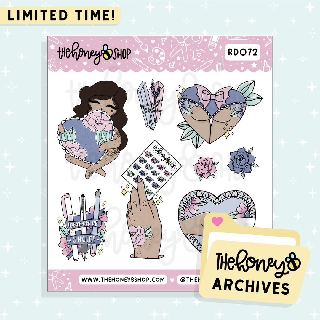 Cutie Tattoo Babe Deco Doodle Sticker Sheet | TheHoneyB Archive | Choose your Skin Tone!