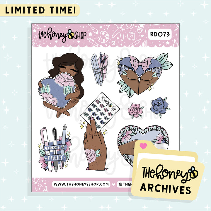 Cutie Tattoo Babe Deco Doodle Sticker Sheet | TheHoneyB Archive | Choose your Skin Tone!