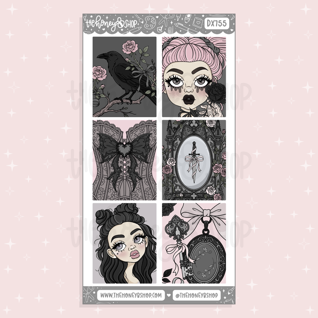 Midnight Lace decorative sticker sheet featuring raven, black roses, gothic portraits, Victorian frames, lace corset details, and dark feminine pink and black artwork.