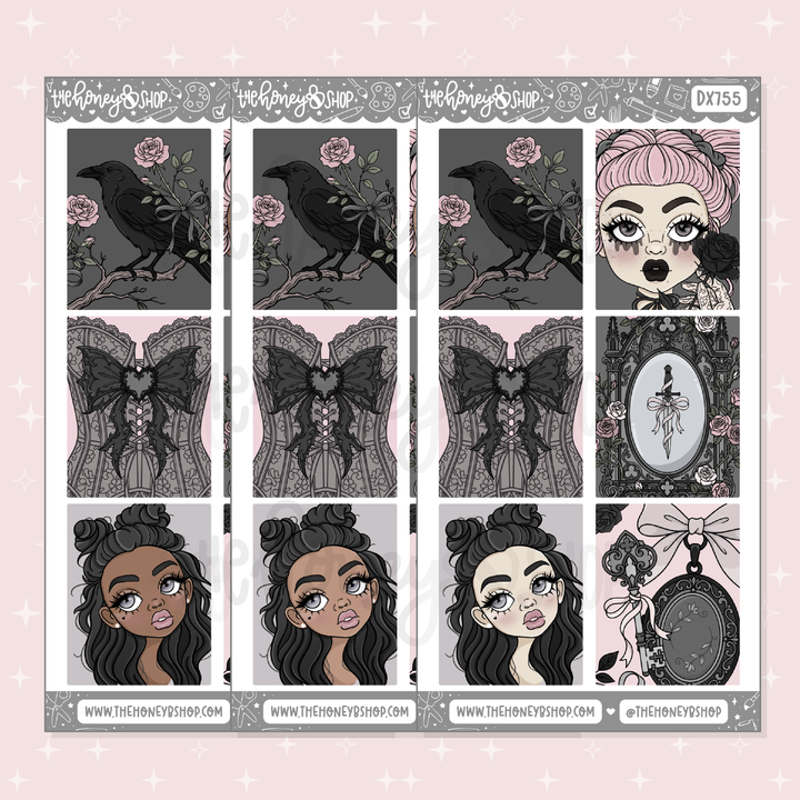 Midnight Lace decorative sticker sheet featuring raven, black roses, gothic portraits, Victorian frames, lace corset details, and dark feminine pink and black artwork.