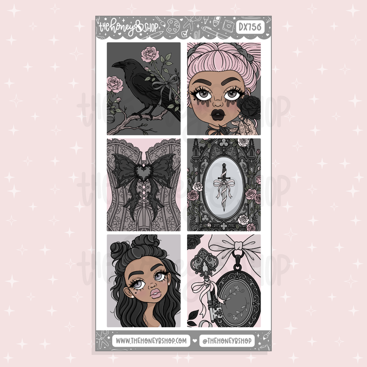 Midnight Lace decorative sticker sheet featuring raven, black roses, gothic portraits, Victorian frames, lace corset details, and dark feminine pink and black artwork.
