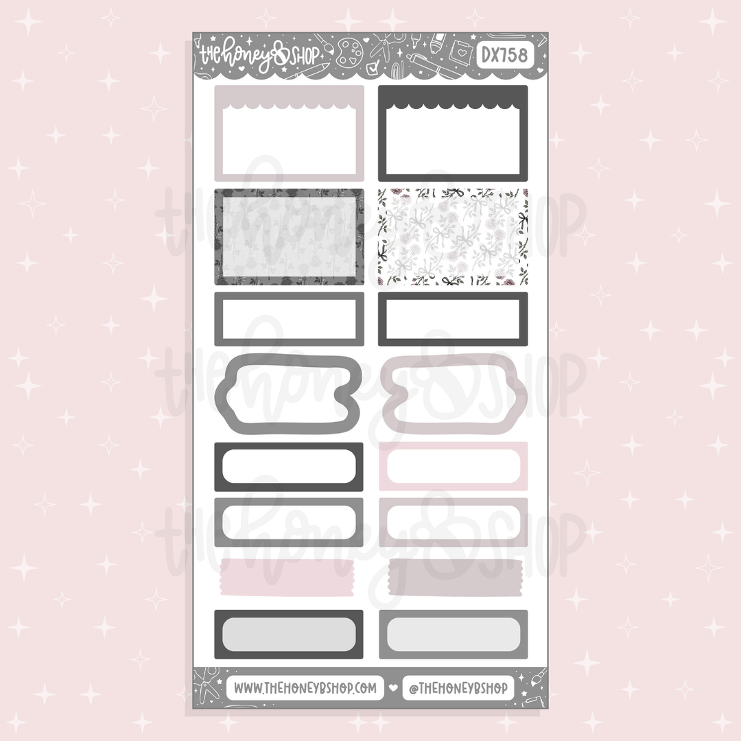 Sheet of decorative planner stickers with various shapes and patterns on a pink background.