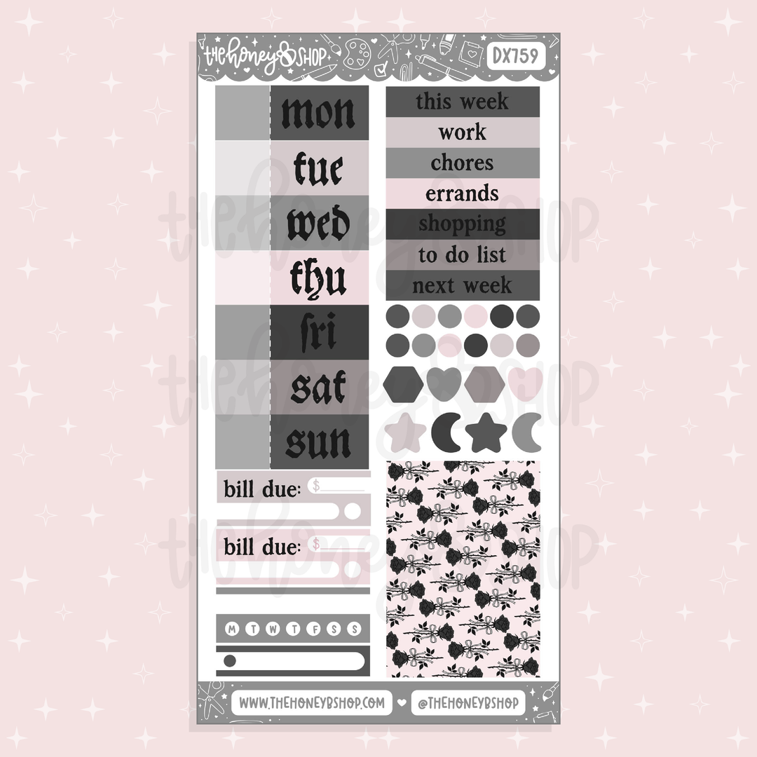 Sticker sheet with daily planner text labels and decorative elements on a pink background.