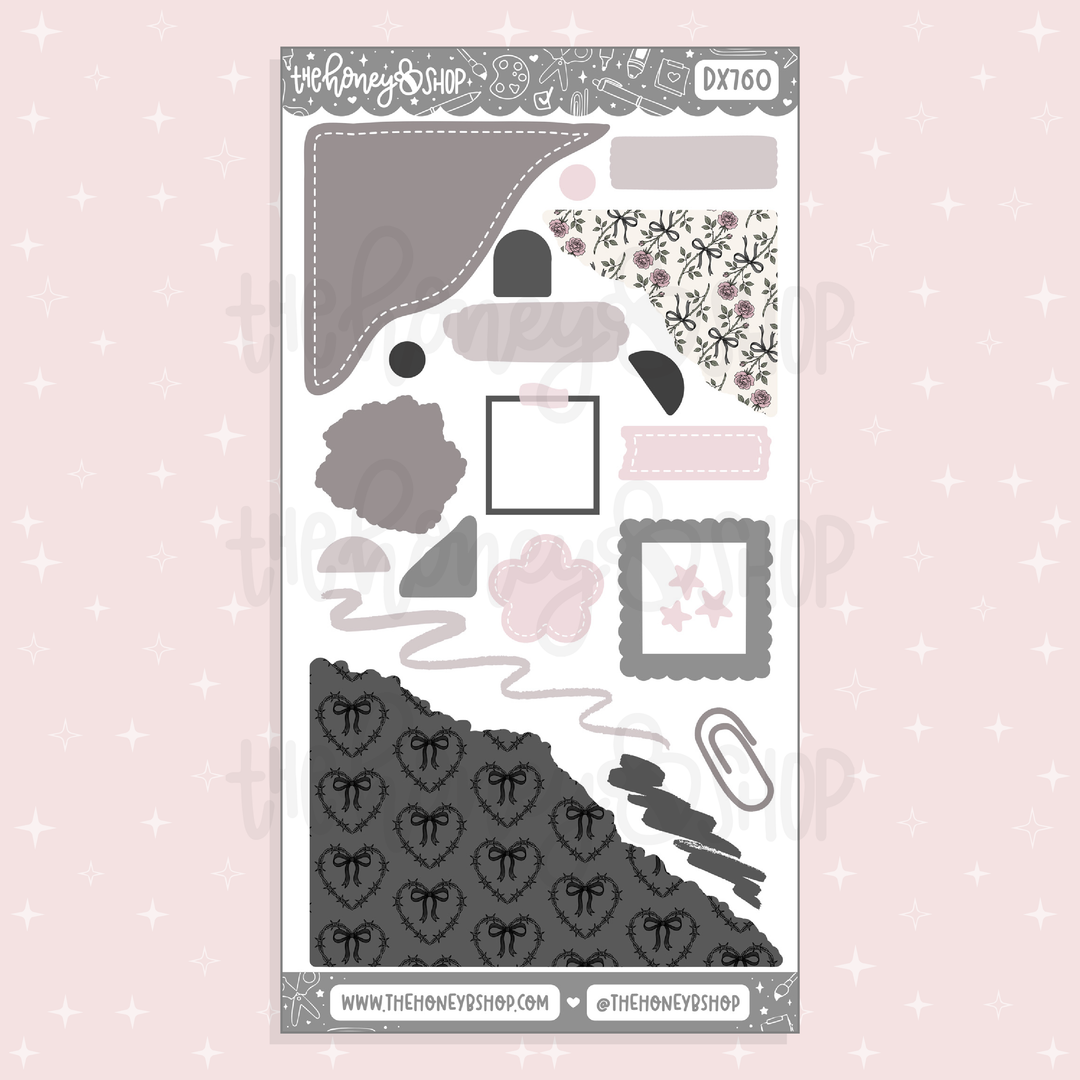 Sheet of decorative stickers with various shapes and patterns on a pink background