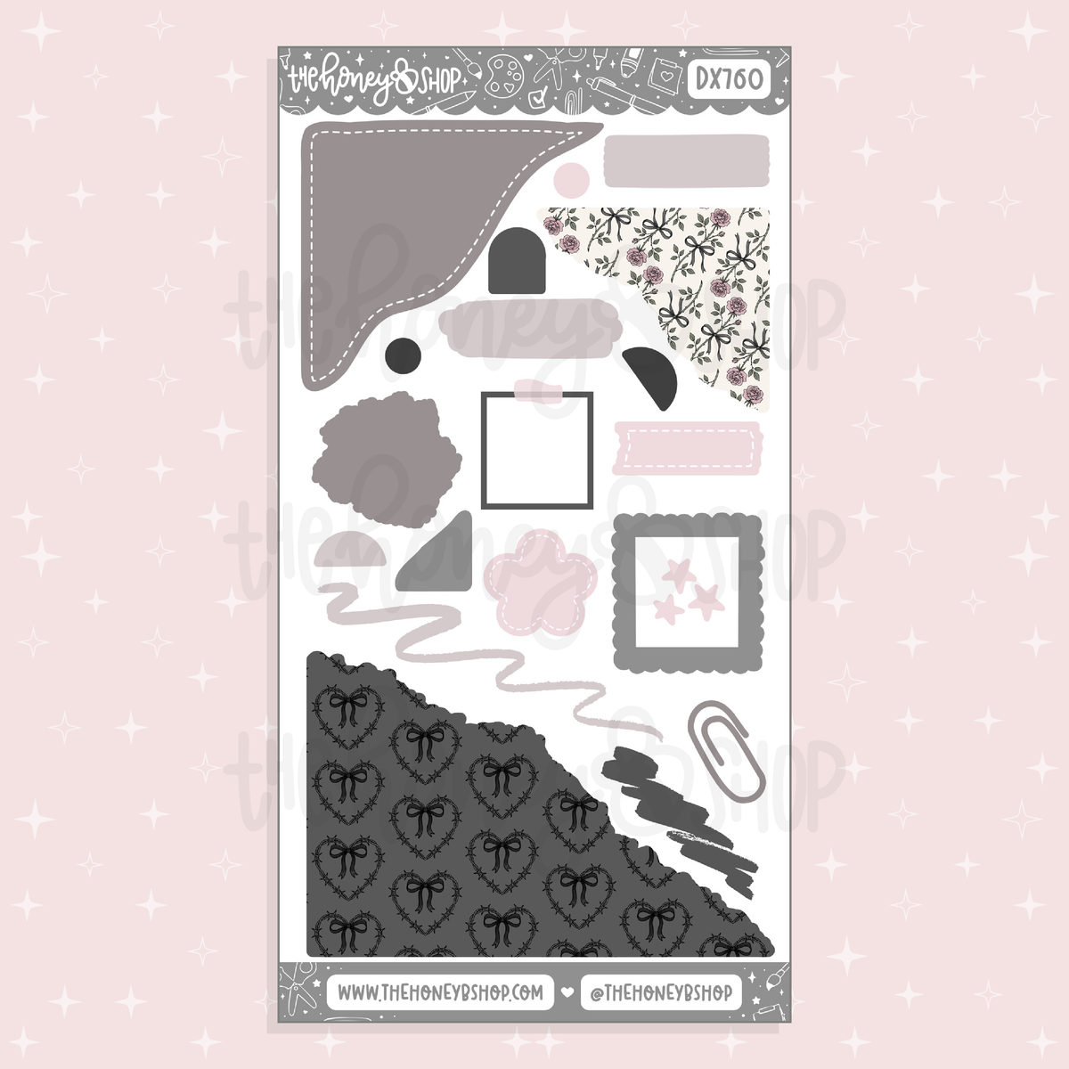 Sheet of decorative stickers with various shapes and patterns on a pink background