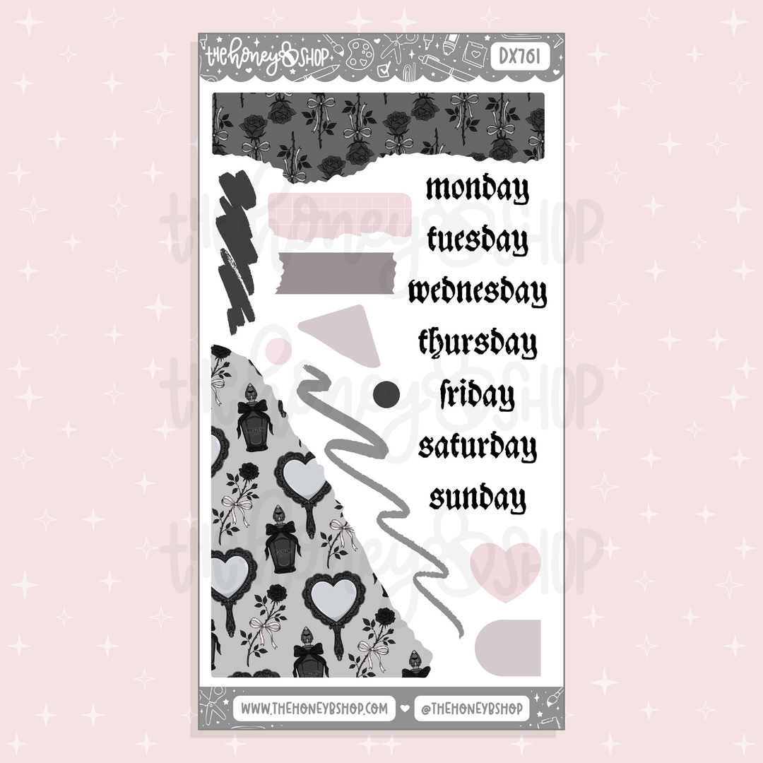 Sticker sheet with days of the week and decorative elements on a pink background