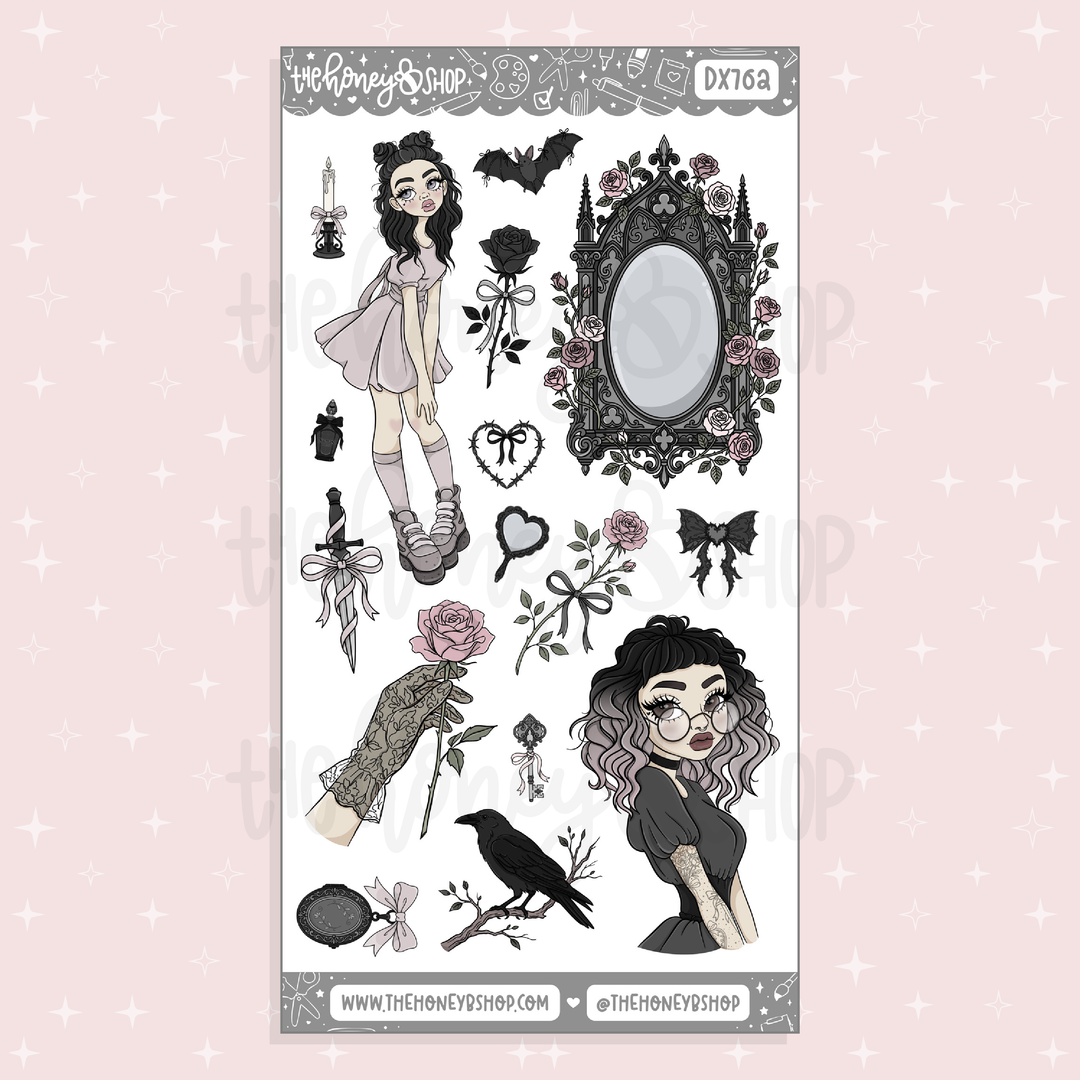 Midnight Lace decorative sticker sheet featuring raven, black roses, gothic portraits, Victorian frames, lace corset details, and dark feminine pink and black artwork.
