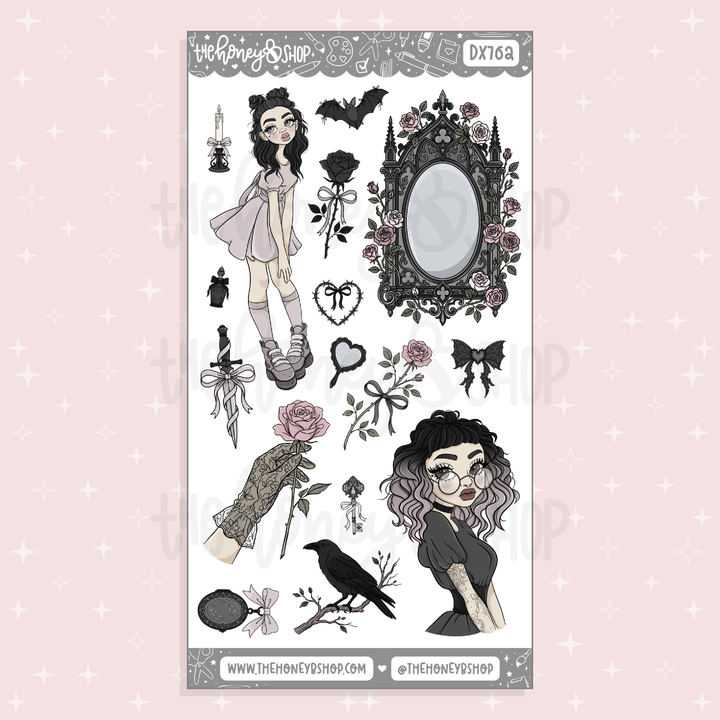 Midnight Lace decorative sticker sheet featuring raven, black roses, gothic portraits, Victorian frames, lace corset details, and dark feminine pink and black artwork.