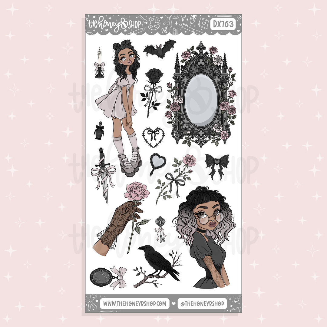 Midnight Lace decorative sticker sheet featuring raven, black roses, gothic portraits, Victorian frames, lace corset details, and dark feminine pink and black artwork.