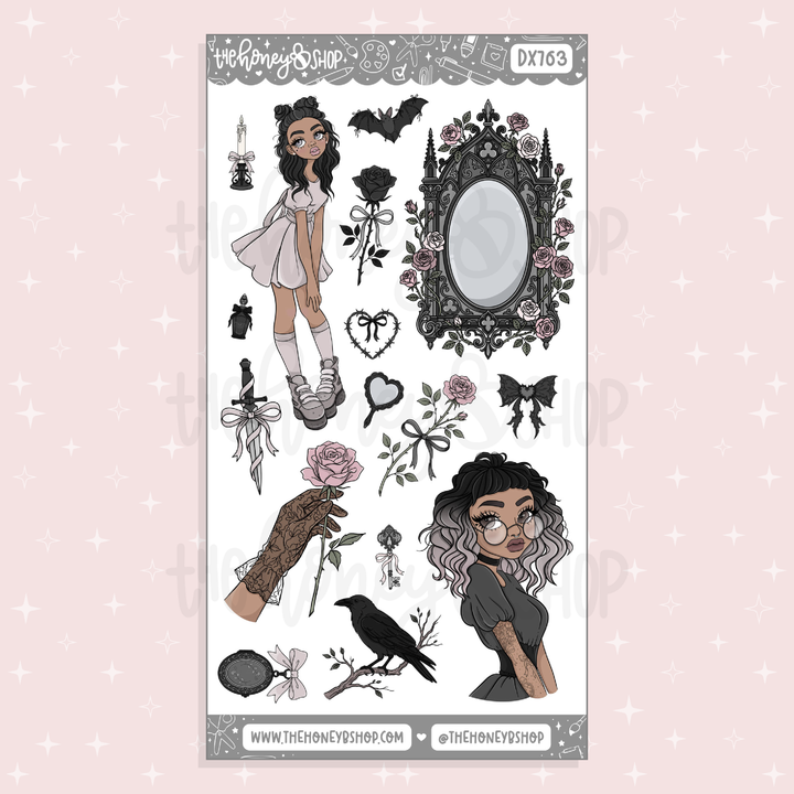 Midnight Lace decorative sticker sheet featuring raven, black roses, gothic portraits, Victorian frames, lace corset details, and dark feminine pink and black artwork.