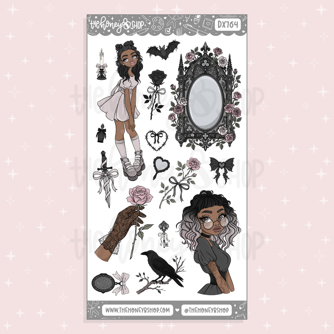 Midnight Lace decorative sticker sheet featuring raven, black roses, gothic portraits, Victorian frames, lace corset details, and dark feminine pink and black artwork.